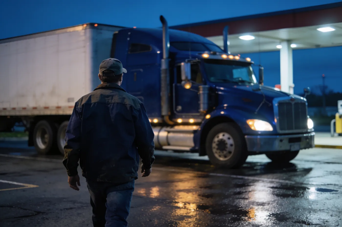 Driver standing next to a blue Kastel truck